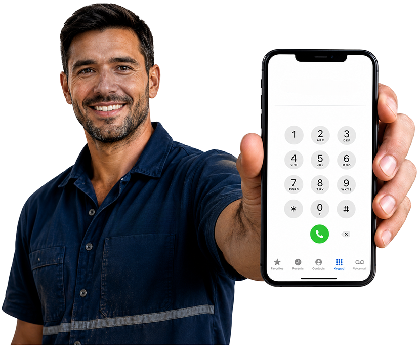 Artarmon Blocked Drains plumber holding a phone — call 1300 261 965
