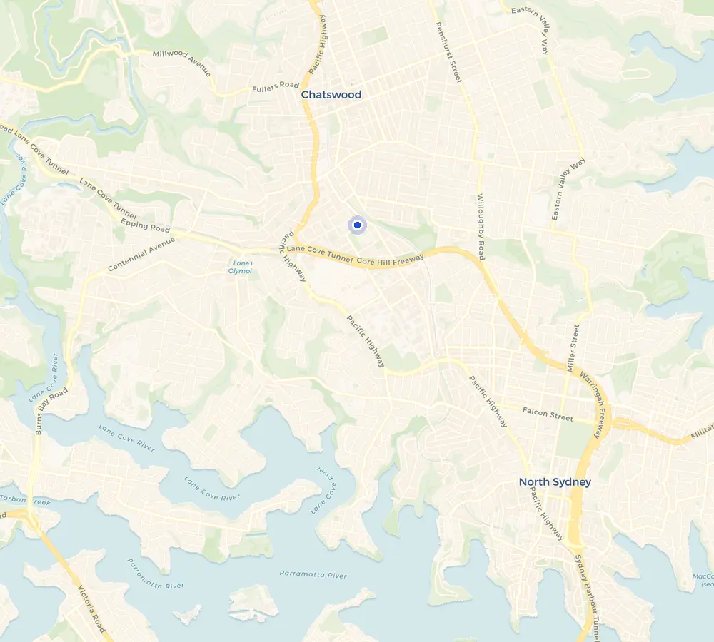 Map of the Artarmon service area and the surrounding North Shore, showing Artarmon and the nearby streets we cover.