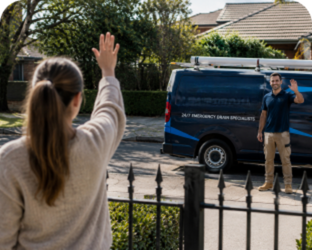 Customer waving goodbye to a Artarmon Blocked Drains plumber
